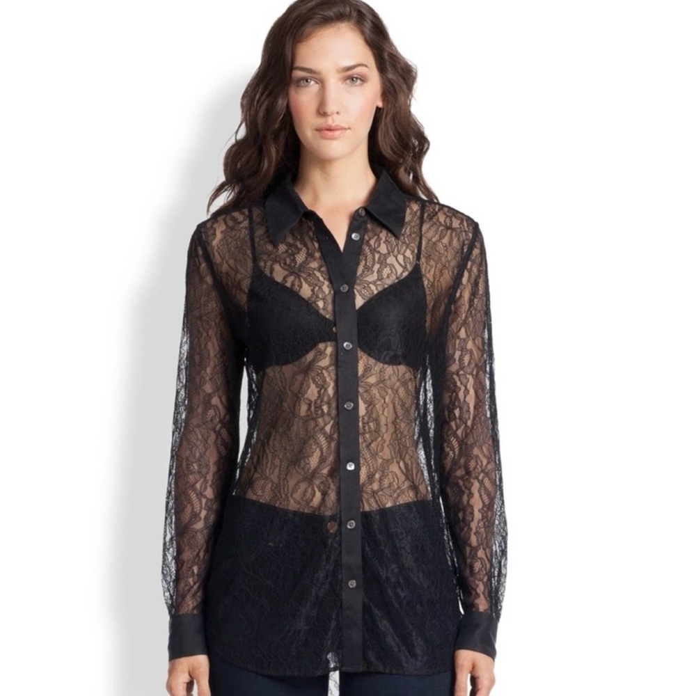 Equipment Reese Long Sleeve Sheer Lace Blouse in Black Size XS